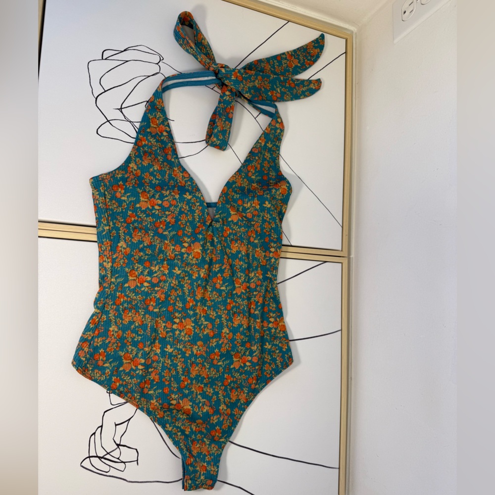 Free People Floral Bodysuit in Teal and Orange